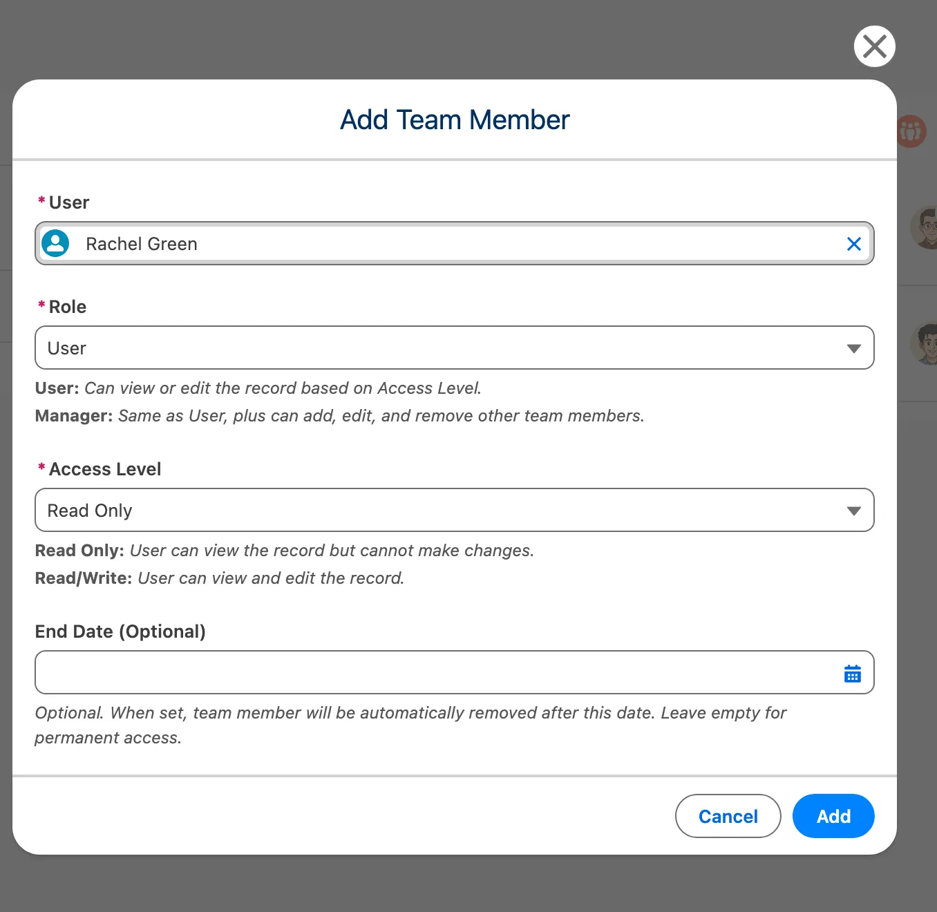 Add Team Member modal