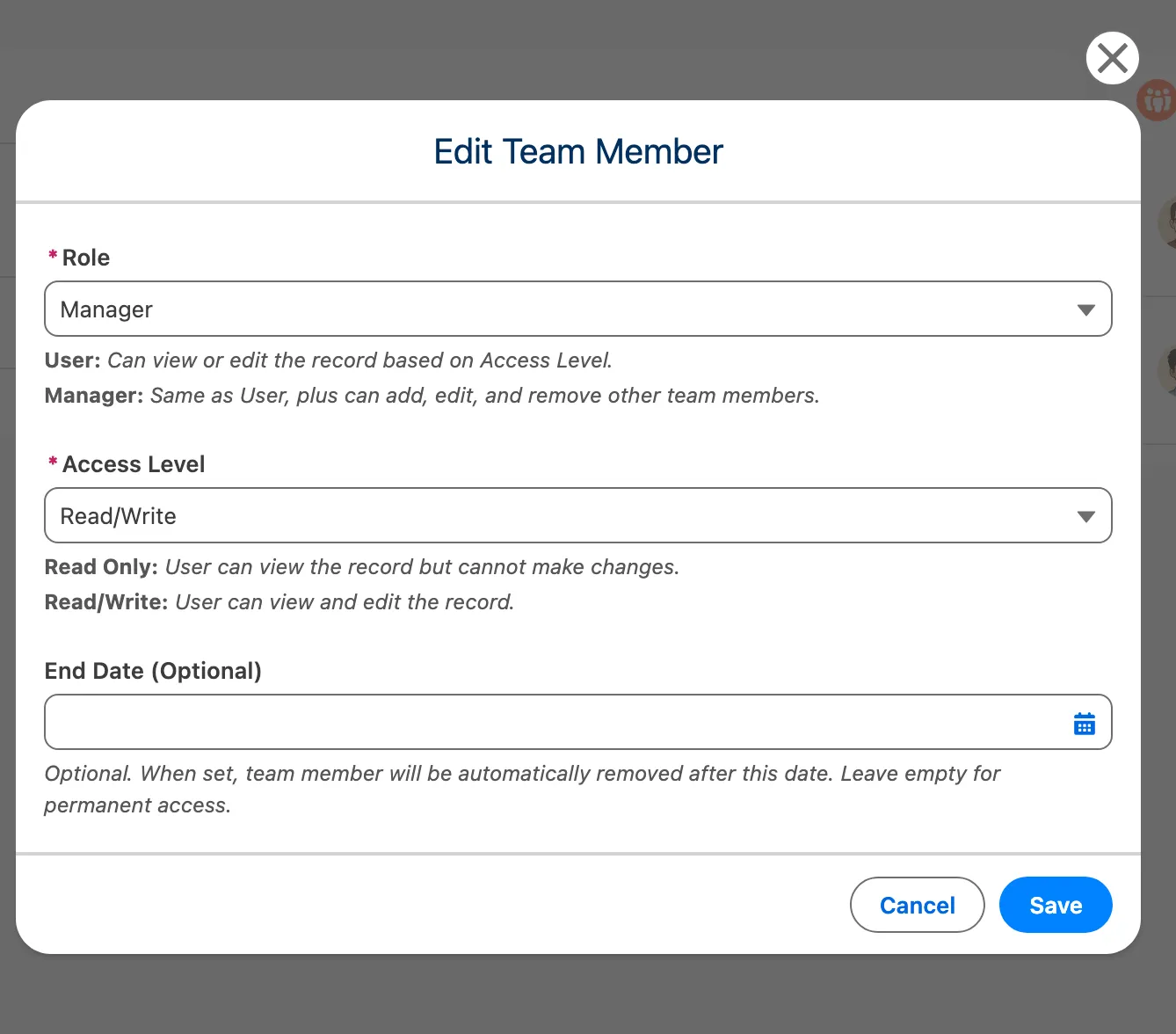 Edit Team Member modal